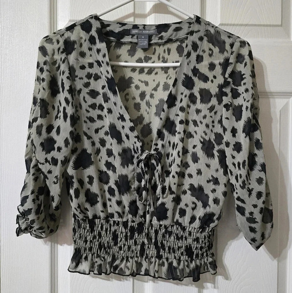 Isabella Rodriguez Sheer Smocked Cheetah Print Tie Front Cropped Blouse, EUC! - Picture 1 of 11